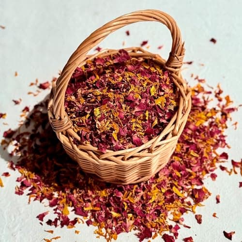 Image of Natural Petal Confetti - 1 Litre - 'Indian Summer' mix of Deep Burgundy Rose & Orange Marigold - Biodegradable (326)