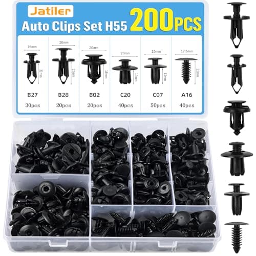 Image of JatilEr 200 Pcs Car Body Trim Clips, H55 Car Panel Clips 6 Sizes Plastic Rivet Fasteners Nylon Bumper Clips and Fixings, Black Push Rivets Universal Auto Door Trim Retainer Kit