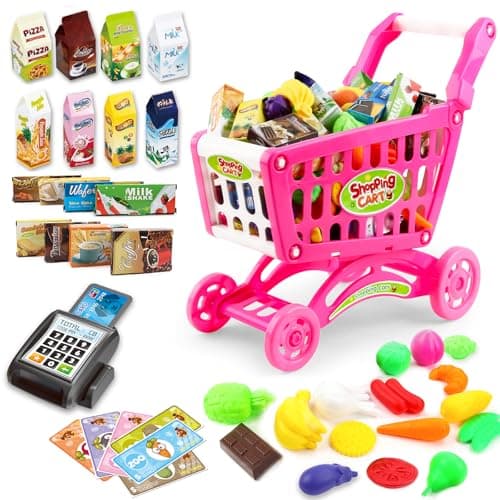 Image of deAO Kids Shopping Cart Trolley Toys, 65 PCS Supermarket Playset Cart with Food Fruit Vegetables, POS Machine and Shopping Cards, Pretend Shop Role Play Educational Toys for Boys and Girls (Pink)