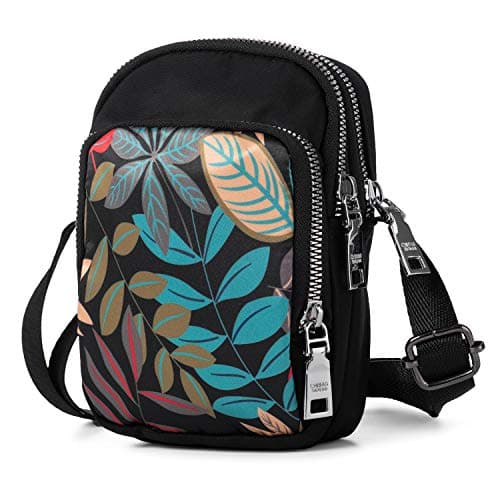 Image of LaRechor Small Crossbody Phone Bags for Women, Mobile Phone Pouch, Mini Shoulder Bag, Long Strap, 3 Zippers, Black with Leaves Pattern