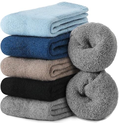 Image of EBMORE Womens Merino Wool Socks Thermal Warm Winter Thick Cosy Boot Crew Cabin Ladies Work Soft Walking Hiking Socks 5 Pairs Gift Stocking Fillers(Khaki/Blue//Black/Grey)
