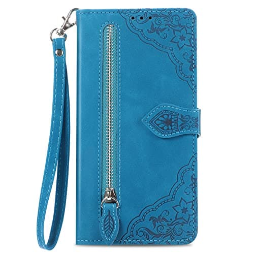 Image of NEXCURIO Zip Wallet Case Compatible with Apple iPhone XS MAX Phone Case Wallet with Credit Card Holder Strap Stand Women Leather Flip Case Floral Folding Cover Shockproof - Blue