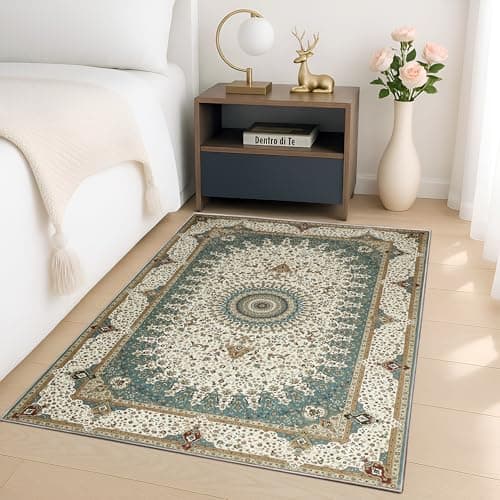 Image of BedLooms Washable Rugs Living Room 80x150 cm – Floral Vintage Cashmere Design Teal Area Rugs for Bedroom Non Slip –Traditional Boho Rug for Kitchen Dinning Room Lounge (Willow)