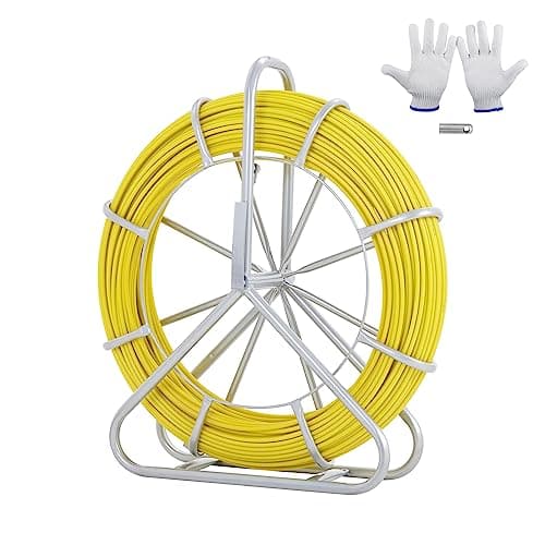 Image of VEVOR Fish Tape Fiberglass, 425 ft, 1/4 inch, Duct Rodder Fishtape Wire Puller, Cable Running Rod with Steel Reel Stand, 3 Pulling Heads, Fishing Tools for Walls and Electrical Conduit, Non-Conductive