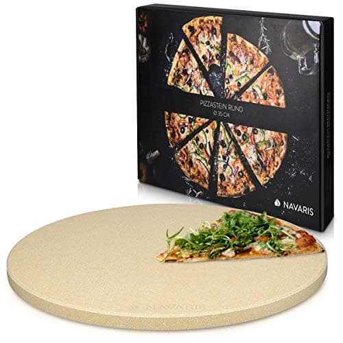 Image of Navaris XXL Pizza Stone for Baking - Cordierite Pizza Stone Plate for BBQ Grill Oven - Cook Serve Bread, Cheese - Incl. Recipe Book - Round, 35x1.5cm