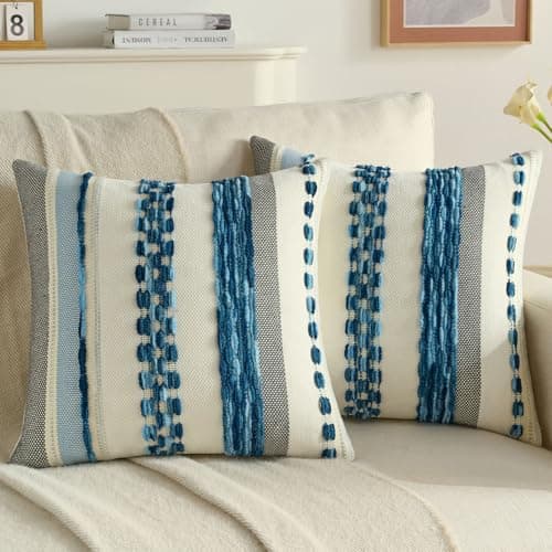Image of FUTEI Set of 2 Chenille Tufted 45cm x 45cm Coastal Cushion Covers Soft Striped Textured Scatter Pillow Covers 45 x 45 cm Modern Boho Accent Cushions for Sofa Bed Living Room, Blue
