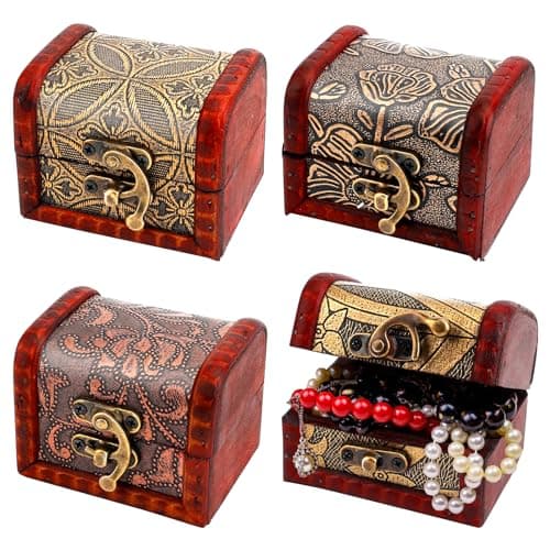 Image of JYUHA 4 Mini Wooden Chests, Vintage Jewellery Box Mini Pirate Chest with Lid, Decorative Treasure Box for Jewellery Home Decoration (4 Styles)