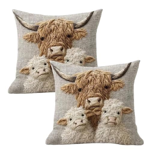 Image of YREYBN Highland Cow Cushion Covers Set of 2, Highland Cow Bedding Double Animal Cushion Covers, 3DFloral Animal Print Decorative Pillow Case, For Sofa Farmhouse Style Decor