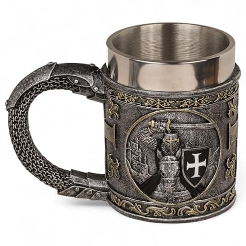 Image of MIJOMA Knight Drinking Jar with Stainless Steel Insert - Detailed Medieval Relief Polyresin - Decoration and Collectible (Crusade of the North, Jug: Approx. 11 × 9 cm)