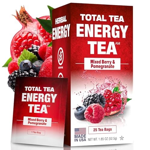 Image of Total Tea Energy Tea Bags with Caffeine - 100% Natural Caffeine Tea Mixed Berry Flavored Green Tea with Antioxidant Rich Guayusa, Ginseng Root and Cinnamon Bark Promotes Focus, Concentration and Stamina (25 Tea Bags)