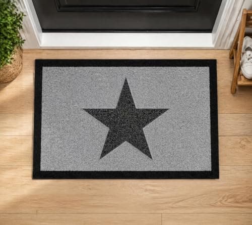 Image of Light Grey Engraved Star Doormat with Black Border, GiftsUnseen Machine Washable, Anti-Slip Rubber Backing, 70x40cm, UK Made
