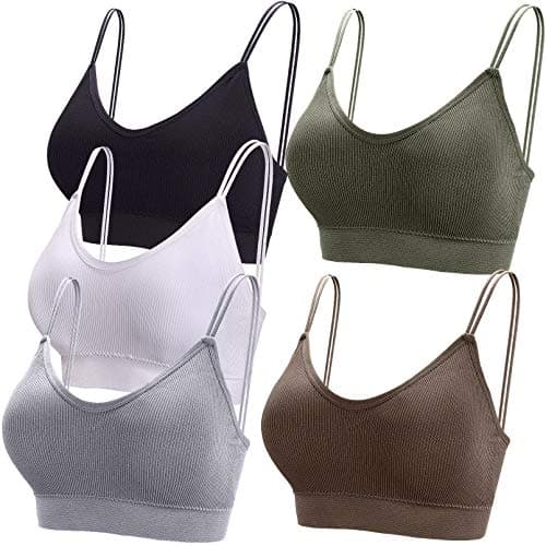 Image of BQTQ 5 Pieces Camisole Bras for Women V Neck Camisole Bralettes Seamless Sleeping Bra with Straps and Removable Pads for Women Girls (Brown, White, Black, Dark Olive, Gray, L)