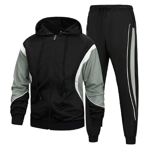 Image of AOTORR Mens Tracksuit Set Full Zip Hooded Jacket Jogging Tops Bottoms Sweatshirt Suit with Pockets BS028 Black Gray XL