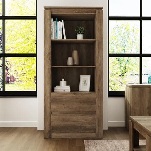 Image of GFW Canyon 2 Drawer Oak Bookcase, Tall Free Standing Book Display Shelving Unit With Storage For Living Room, Dining Room Or Hallway, Oak, W79.2cm x H177.3cm x H39.5cm