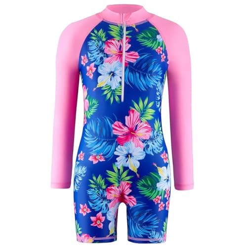 Image of Atorcher Swimming Costume for Girls One Piece Swimsuit Rash Gurad Swimsuits Long Sleeve Swimwear Bathing Suit High Neck Swimwear (UK, Age, 9 Years, 10 Years, Regular, Pink Floral)