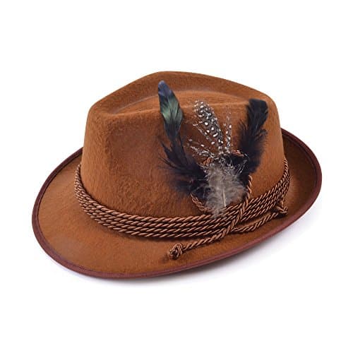 Image of Brown Felt Oktoberfest Hat With Feathers (Pack of 1) - Authentic Design, Perfect Accessory for Bavarian Parties, Beer Festivals, World and Culture, & More Halloween