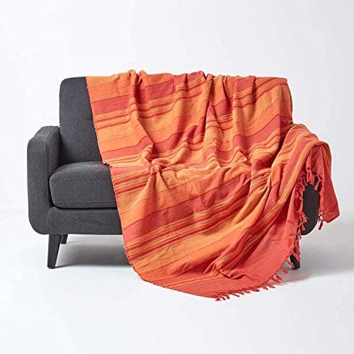 Image of HOMESCAPES Extra Large Terracotta Orange Throw “Morocco” Cotton Textured Stripe Throw 254 x 356 cm Bedspread Sofa Throw Handmade Suitable for 3 or 4 Seater Sofa or Double King, Super King Size Beds