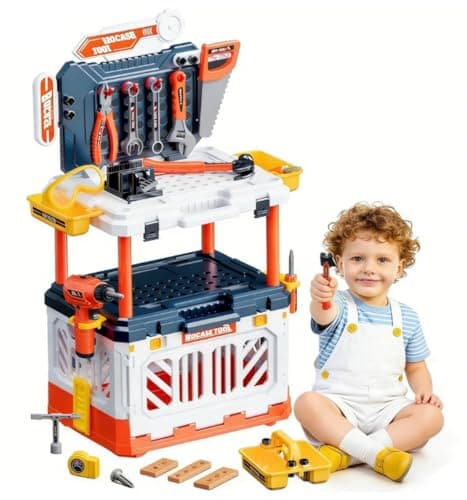Image of deAO Kids Tool Set, Kids Tool Bench, 4 In 1 Transformable Construction Play Toy, Foldable Workbench, 90 PCS Tools Set with Electric Drill, Hammer, Wrench, Birthday Gift, Educational Toy for 3+