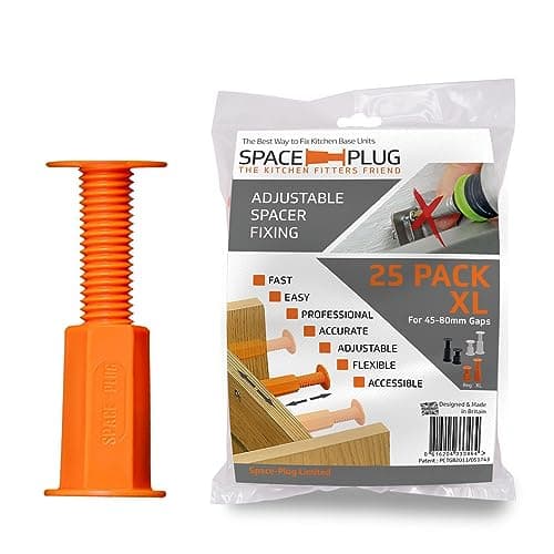 Image of Space-Plug Adjustable Spacer Fixings (XL size for 45-80mm gaps), 25 Pack of Original Orange Spacers, Professional & DIY use for kitchen, bedroom, bathroom & furniture installations