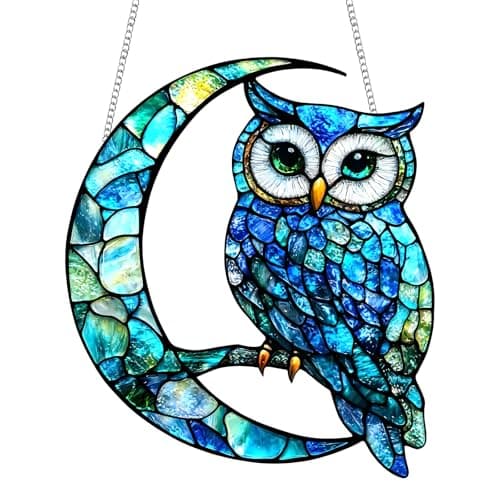 Image of Blue Owl Suncatcher, Owl Garden Ornaments Outdoor, Acrylic Stained Glass Sun Catchers for Windows & Walls, Garden Fence Decorations Gifts for Friends and Family