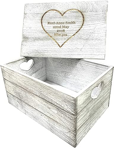 Image of Hoolaroo Personalised Wooden Box - Personalised Gift Box with Heart Cut Out | Engraved Baby Memories Box | Gifts and Memories Keepsake Box Baby Boy or Baby Girl (35cm x 25 cm)