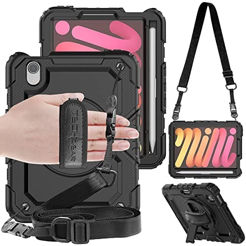 Image of TECHGEAR Utility Case for iPad Mini 7/6 (8.3", 2024 7th Gen / 2021 6th Gen) Heavy Duty Rugged with 360° Stand, Hand & Shoulder Strap – Shockproof Armour Cover for Schools, Work, Outdoor Use - Black