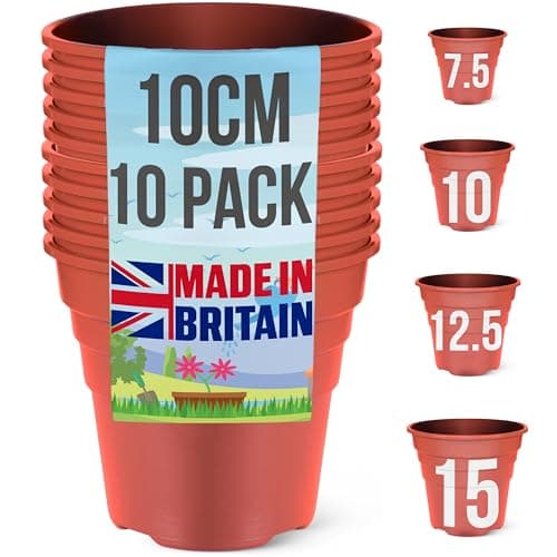 Image of Happy Pots - 10cm Gloss Terracotta - Pack of 10 Premium Plastic Plant Pots - Reusable Flower Pots for Indoor/Outdoor Home Décor Gardening - Round, Heavy Duty, UV Resistant, Recyclable - Made in UK