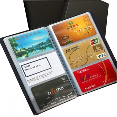 Image of Leather Business Card Booklet Organiser - 300 Capacity Card Holder Wallet, Plastic Insert Storage for Credit Cards, ID & Contacts (Black)
