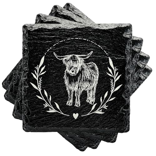 Image of TrulyGiftedStoreUK Highland Cow Slate Drinks Coasters Set of 4, 10cm Square Natural Stone Table Coasters, Rustic Farmhouse Design, Gift for Home Kitchen