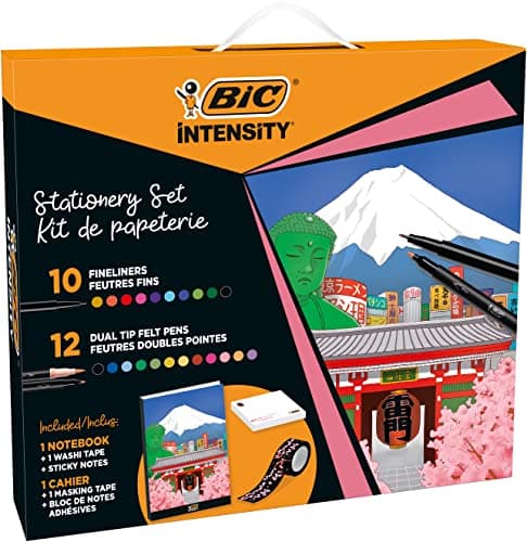 Image of BIC Intensity Stationery Set, 12 Colouring Felt Tip Pens with Dual Tips, 10 BIC Pens with Fineliners, 1 Notebook with Washi Tape and Sticky Notes, School Supplies, 25 Pack
