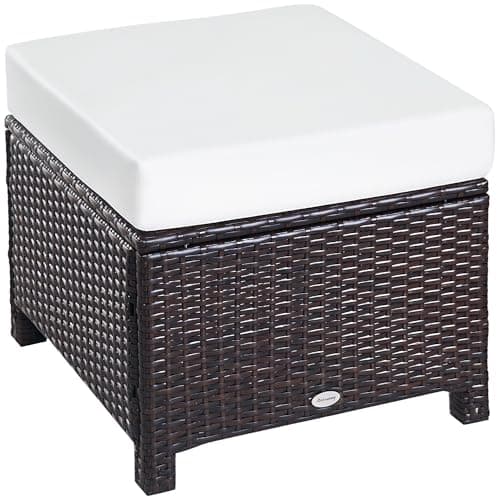 Image of Outsunny Rattan Footstool Wicker Ottoman with Padded Seat Cushion Outdoor Patio Furniture for Garden Poolside Living Room, 50 x 50 x 35 cm, Brown