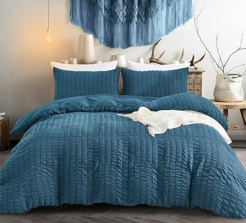 Image of Teal King Duvet Cover Set,3 Pieces Puckering Seersucker Duvet Cover with 2 Pillowcases,Lightweight Microfiber Bedding Sets for All Season 220x230 cm