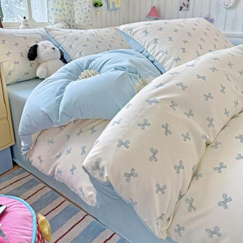 Image of Michorinee Double Duvet Cover Set Blue Bow Tie Print White Bedding Kawaii Reversible Light Blue Girls Aesthetic Cute Microfibre Quilt Cover 200x200 cm Zipper Closure with 2 Pillowcases 50x75 cm