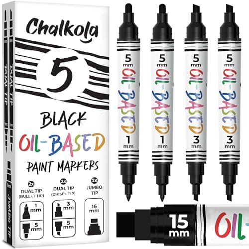 Image of Chalkola 5 Oil Black Paint Pen (4 Dual Tip, 15mm Jumbo) - Oil Based Paint Markers for Metal, Fabric, Glass, Rocks, Automotive Tire, Furniture Touch Up Wood & Plastic Surfaces - Waterproof & Permanent