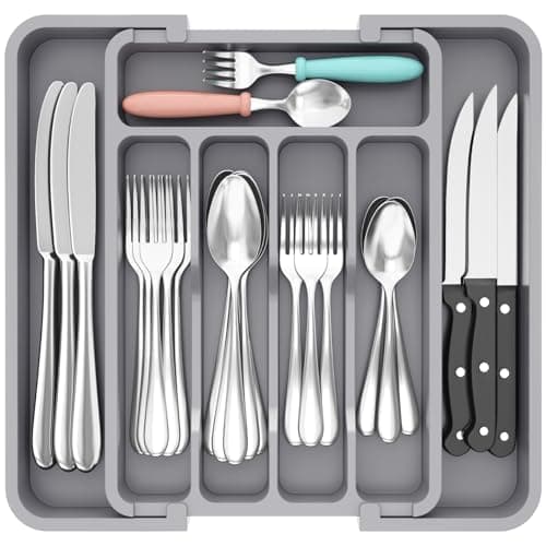 Image of Lifewit Extendable Cutlery Drawer Organiser, Adjustable Cutlery Tray, Plastic Adjustable Kitchen Storage Dividers for Utensil Spoons Forks Knives, 7 Compartments, 23-37 x 31cm, Grey