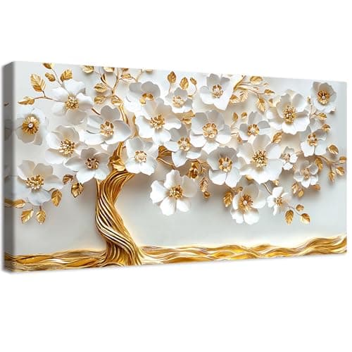 Image of Wooden Framed Large Canvas Wall Art White Gold Floral Tree Painting Luxury Gold Leaves Tree of Life Canvas Prints Pictures for Living Room Bedroom Home Office Wall Decorations 50x100cm/20x40 inch