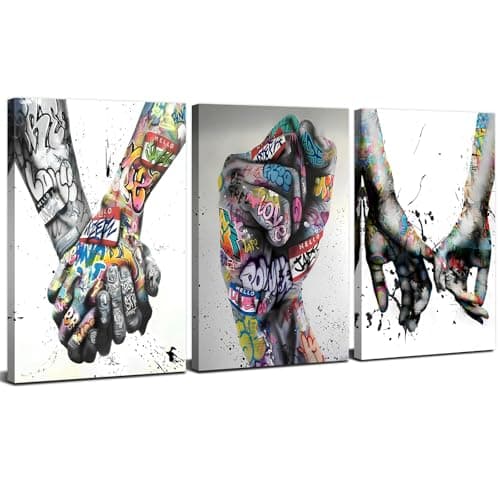 Image of 3 Pieces Banksy Canvas Wall Art for Living Room Bedroom Abstract Graffiti Wall Decor Classic Street Art Romantic Love Hands Paintings Hallway Stair Decorations Nordic Minimalist Prints Artwork 12x16"
