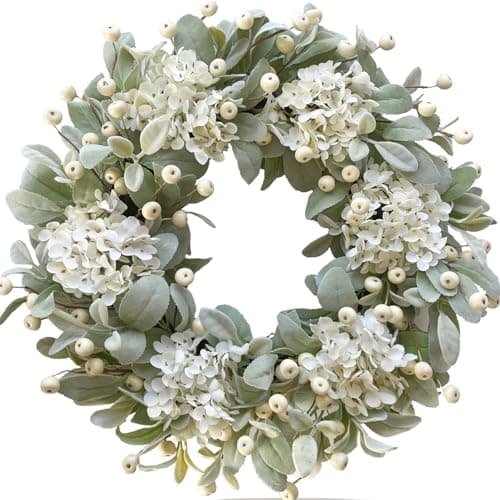 Image of CIR OASES 22-inch Spring wreath White hydrangea berry Green rabbit ear leaf Artificial wreath Front porch Home decor Wedding Party Office holiday decor