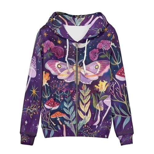 Image of WELLFLYHOM Women Y2K Hoodie Zip Up Sweatshirt Vintage Jackets Hooded Cardigan, Mushroom Moth Purple, Medium