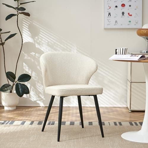 Image of Colorig Boucle White Dining Chairs Set of 1, Modern Living Room Armchairs with Curved Backrest and Sturdy Metal Legs, Luxury Accent Chairs Dining Room Chair, Boucle White