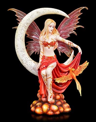 Image of Nene Thomas Elves Sitting on Crescent Moon Gets Visit From A Phoenix - Fire Moon | Fantasy Figure
