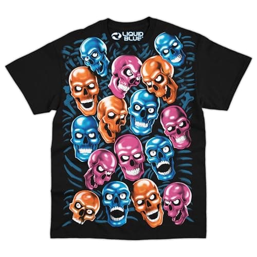 Image of Liquid Blue Skull Pile Graphic T-Shirt for Men – Iconic Skull Art Cotton Tee, Short Sleeve Streetwear, Multi/Black, 3XL