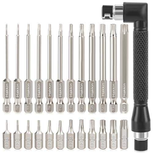 Image of Torx Bit Set Hakkin 24Pcs Torx Screwdriver Sets S2 Steel Magnetic Torx Security Bit Set with Right Angle Screwdriver for Tight Space Operation 25mm 75mm T5-T40