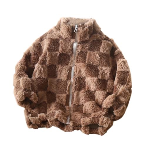 Image of Kids Girl Fleece Jackets Winter Faux Fur Coat Girls Lattice Warm Sherpa Plush Coat Kids Zip Up Cardigan Fall Winter Warm Outwear School Age 13-15 Years Coffee