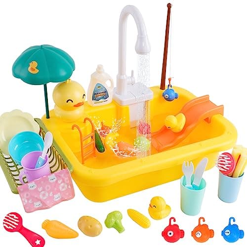 Image of Play Sink with Running Water, Kitchen Sink Toys Play Kitchen Toy Accessories, Pool Floating Fishing Toys for Water Play, Kids Role Play Dishwasher Toy (Duck Theme)
