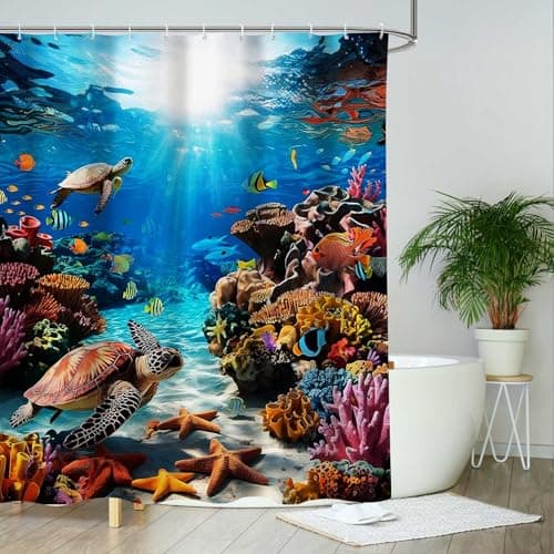 Image of AIBIIN Ocean Underwater World Shower Curtain Blue Sea Coral Animal Fish and Sea Turtle Bath Curtain Durable Polyester Material with 12 Hooks 180x180cm