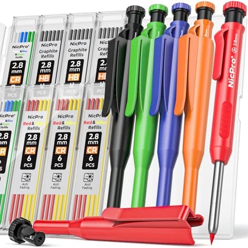 Image of Nicpro 5 Pack Carpenter Pencil with Sharpener & Holders, Mechanical Carpenter Pencils Set with 53 Refills, Deep Hole Marker Woodworking Pen, Heavy Duty Construction Pencils for Architect-With Case