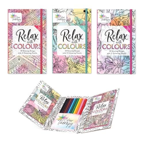Image of Sixstore Relaxing Antistress, Set of 3 Colouring Books, Colour Therapy Assorted Design Travel Size 18 x 11cm, Pocket Colouring Set, 60 Relaxing Designs per Set with 12 Pencils