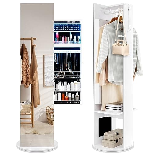 Image of COSTWAY 360° Swivel Jewelry Cabinet, 3-Color LED Lights Jewelry Armoire with Full-Length Mirror, Sliding Cosmetics Storage, Coat Rack and Shelves, 3-in-1 Bedroom Jewellery Organiser Unit Gift, White