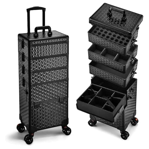 Image of Professional Makeup Trolley Case Wheels - Extra Large Rolling Cosmetic Organiser (Black)